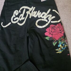 Ed Hardy Black Jeans with Rose Embroidery